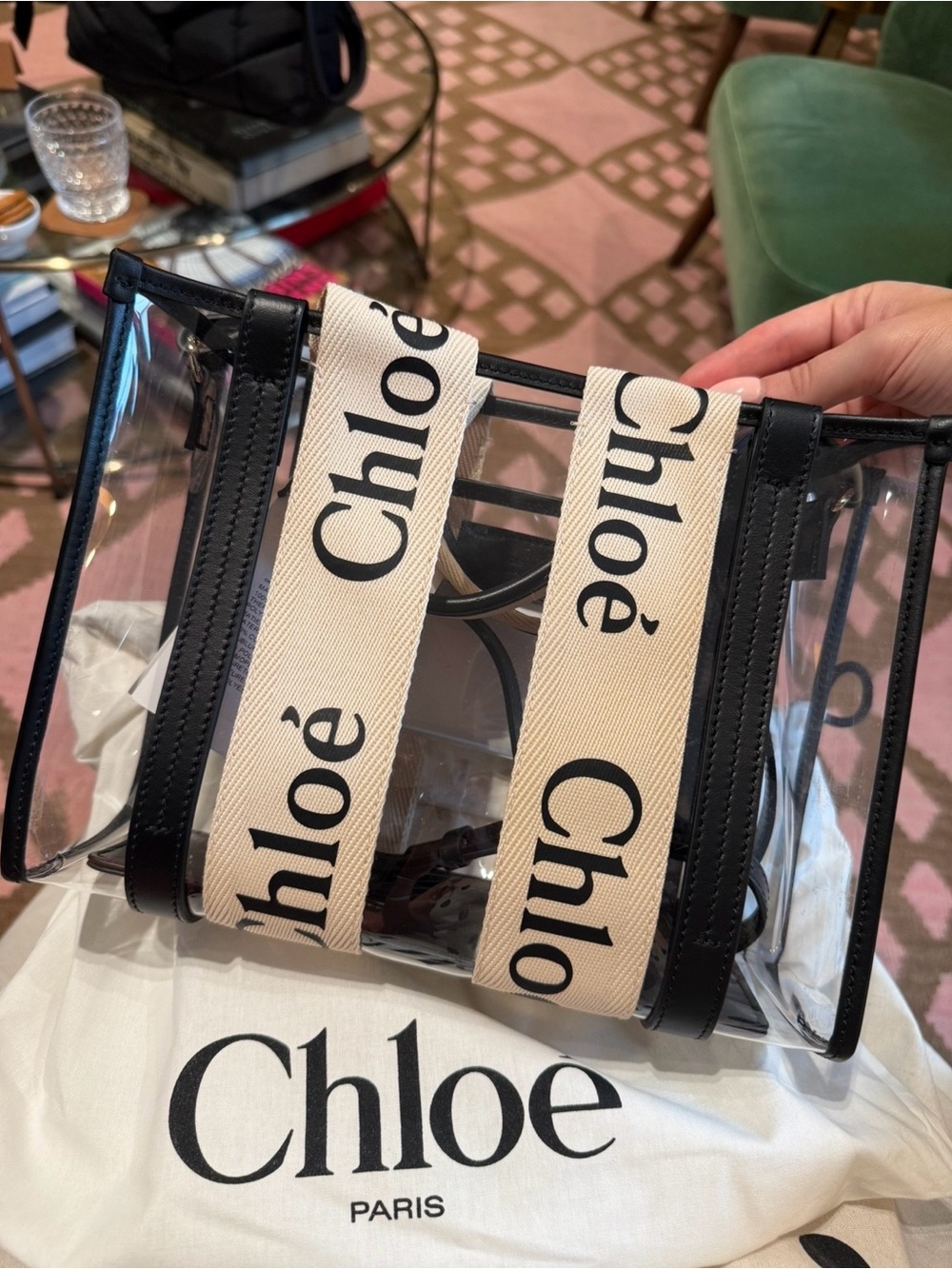 Black & Cream Clear Tote Bag with Logo Straps
